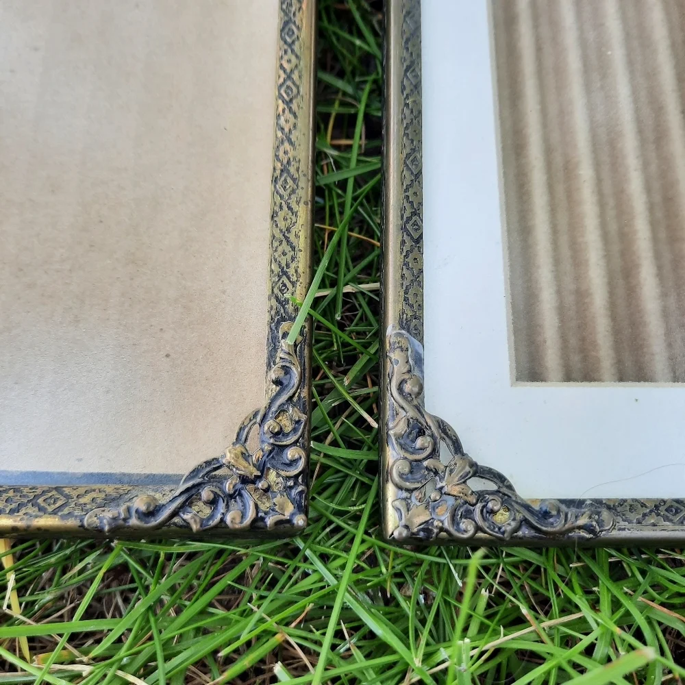 2 Vintage Brass Metal Ornate Filigree Picture Frames With Glass Inserts
